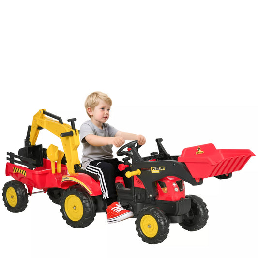 Raudonas pedalinis traktorius su priekaba, frontaliniu krautuvu ir reguliuojamu kaušu, skirtas vaikams nuo 3 metų