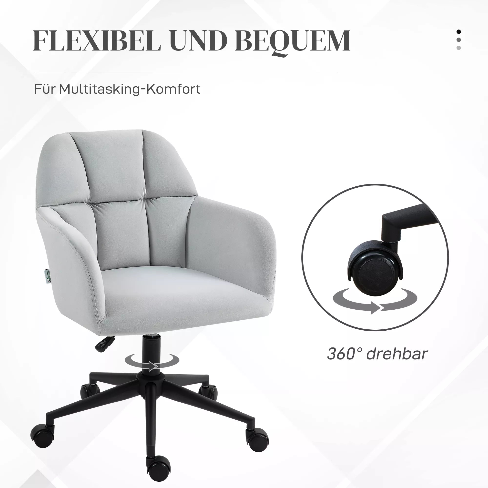 Ergonomiška darbo kėdė, aukščio reguliuojama, pasukama, aksomo išvaizdos, iki 120 kg, šviesiai pilka