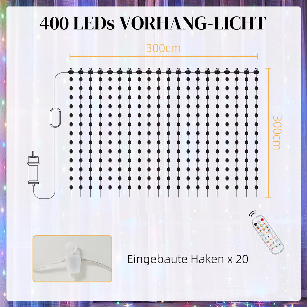 Užuolaida su 400 LED žiburėlių, dinamiškos girliandos su muzikos sinchronizavimu miegamajam, svetainei, 3 x 3 m