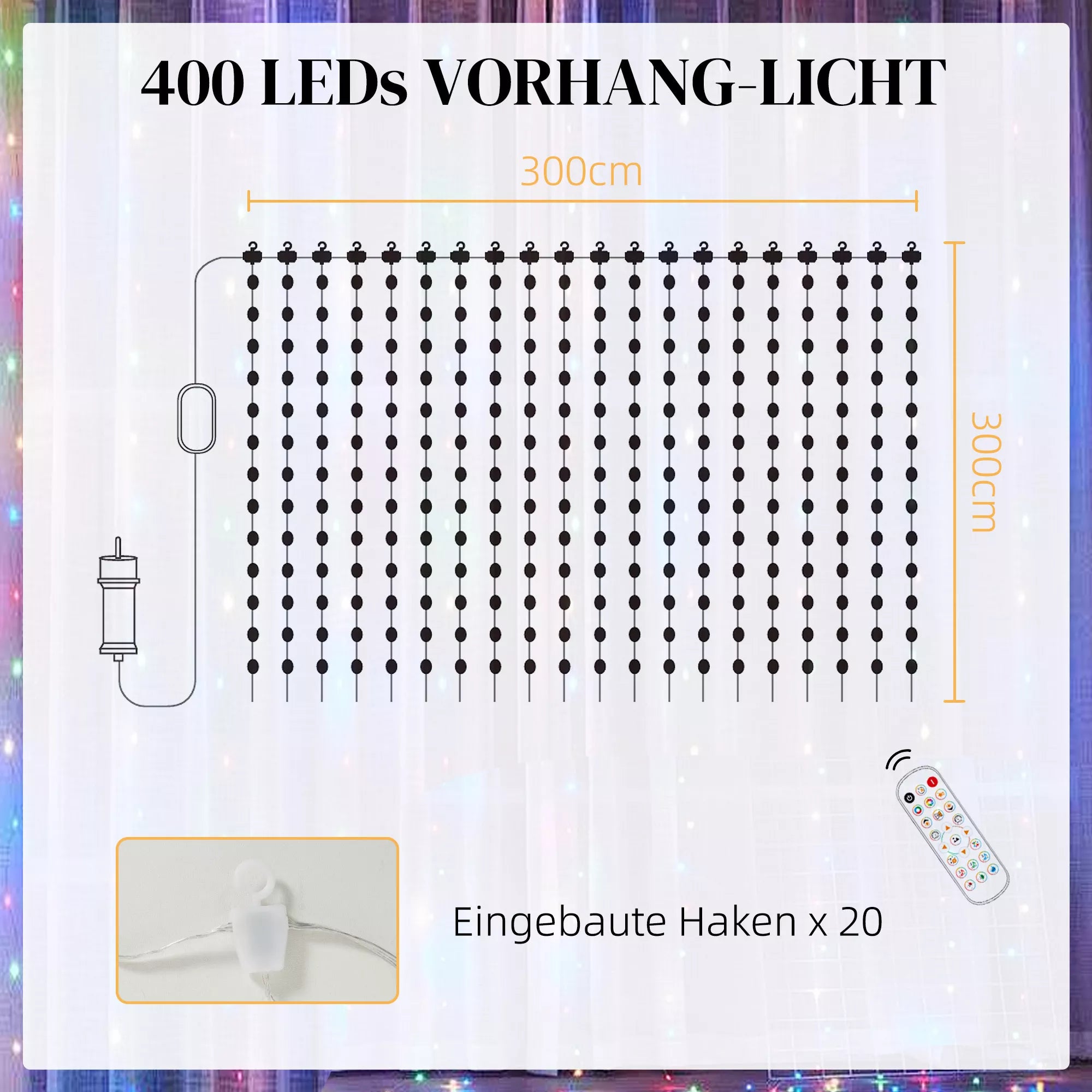 Užuolaida su 400 LED žiburėlių, dinamiškos girliandos su muzikos sinchronizavimu miegamajam, svetainei, 3 x 3 m