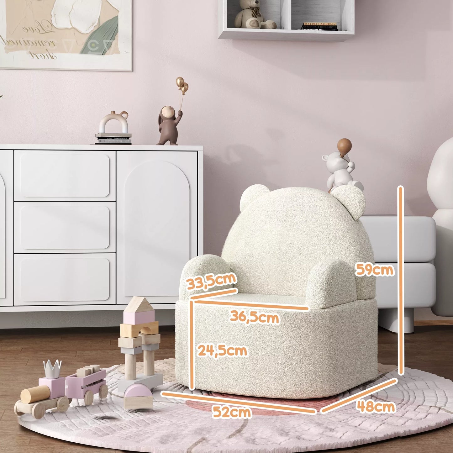 Vaikiška kėdutė, meškiuko formos, minkštas teddy flisas, iki 3 metų, 52x48x59 cm, smėlio spalvos