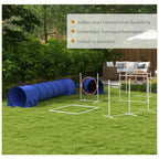 Mėlynas agility rinkinys su tuneliu pievoje