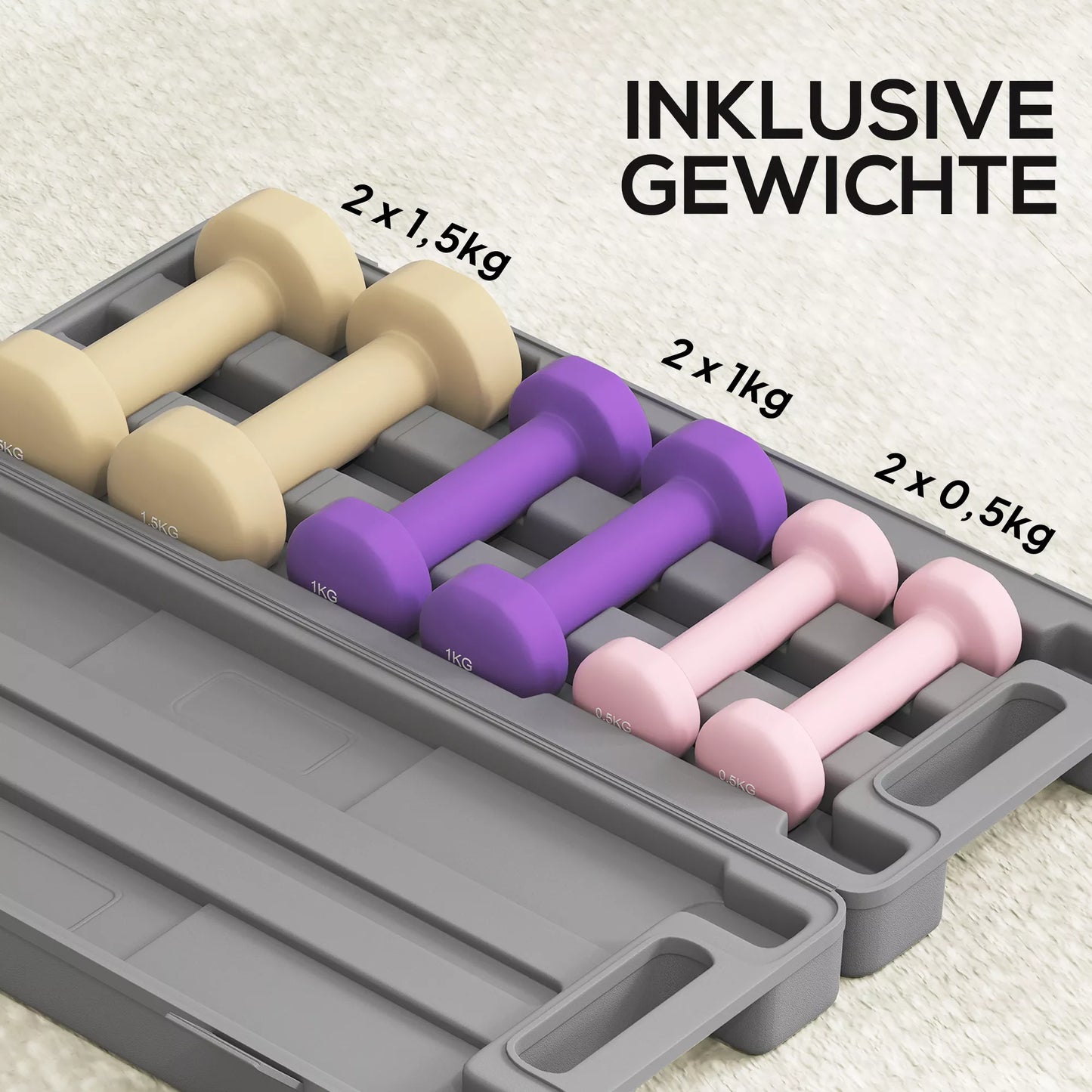 Hantelių rinkinys 6 vnt. su lagaminu, svoriais 0,5kg, 1kg, 1,5kg, reguliuojami namams, sporto salei