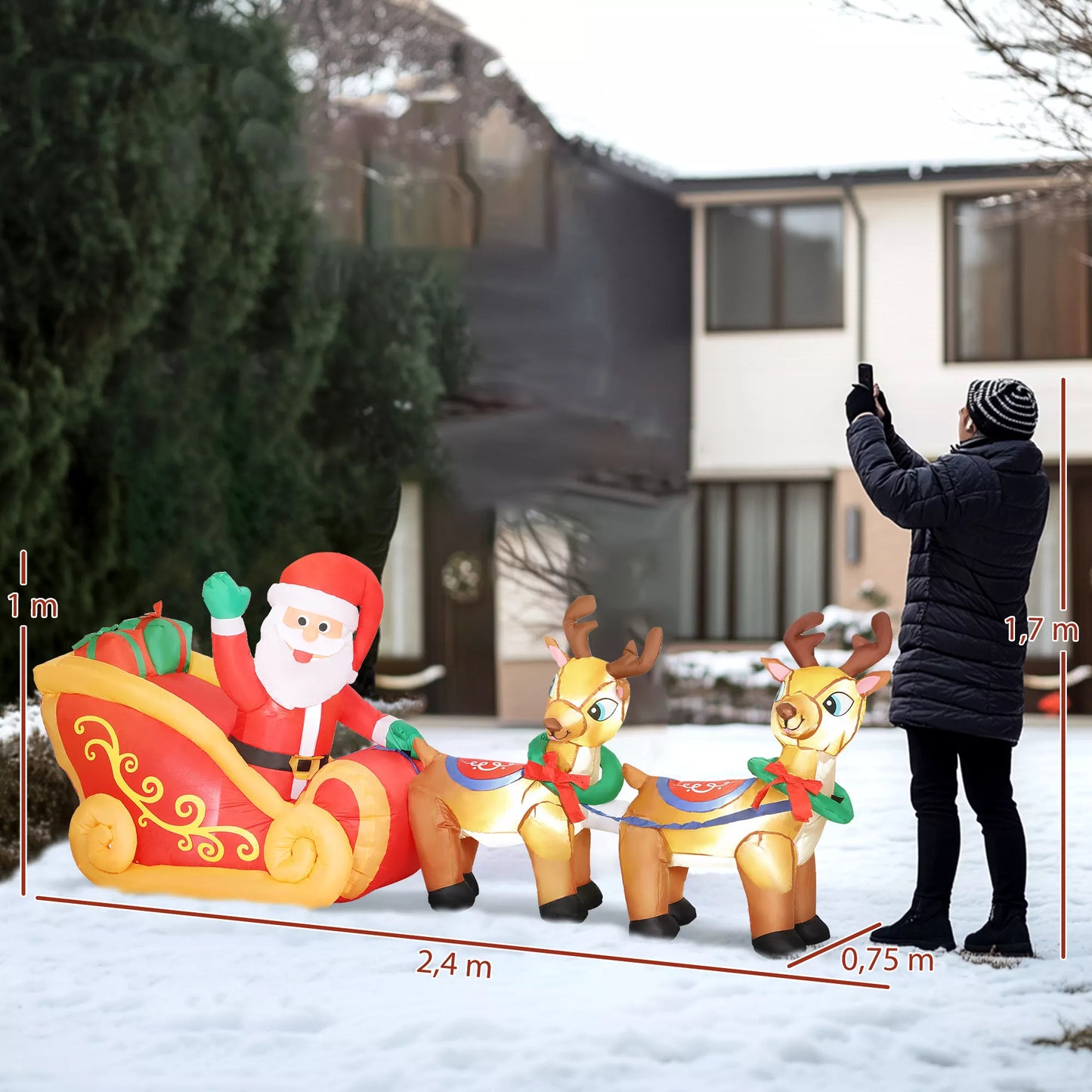Pripučiama kalėdinė dekoracija, Kalėdų Senelis su elnių rogutėmis, Poliesteris