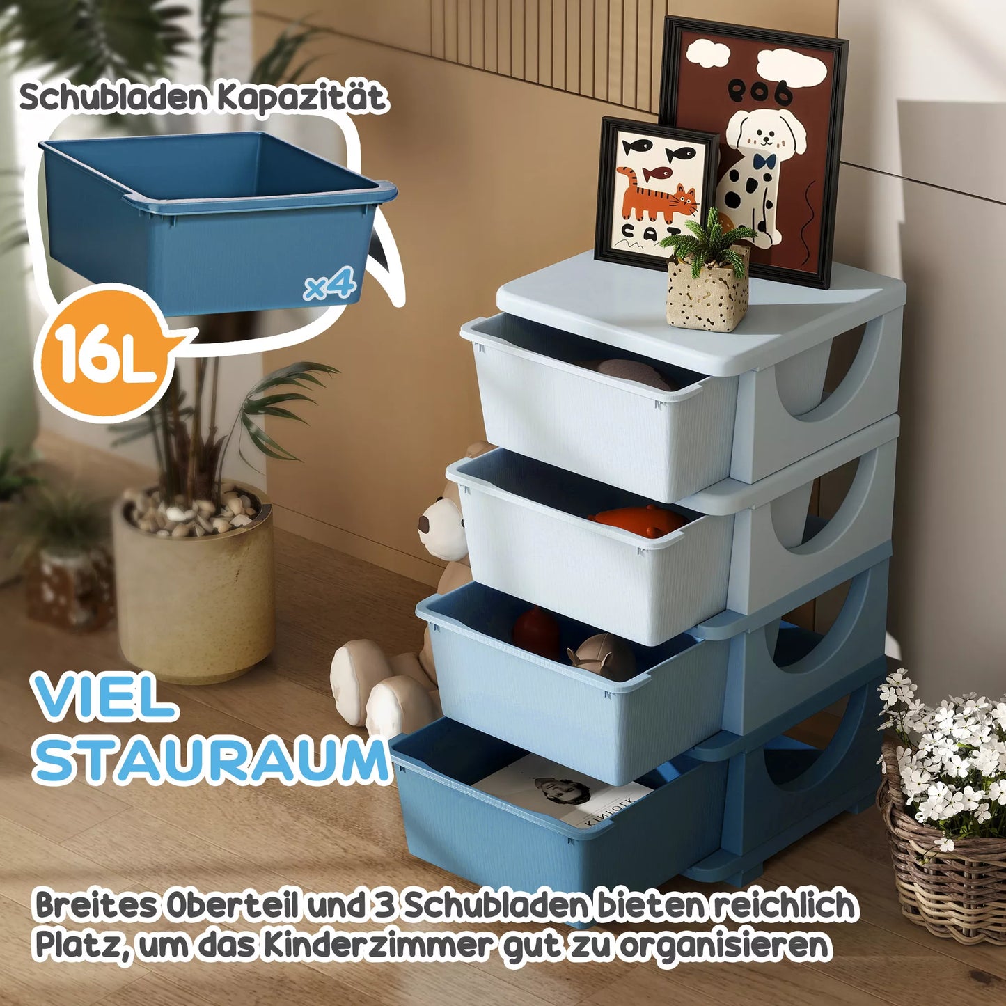 Laikymo dėžutės vaikams, 4 stalčiai, apvalūs kraštai, paaukštintas dizainas, plastikas, mėlyna