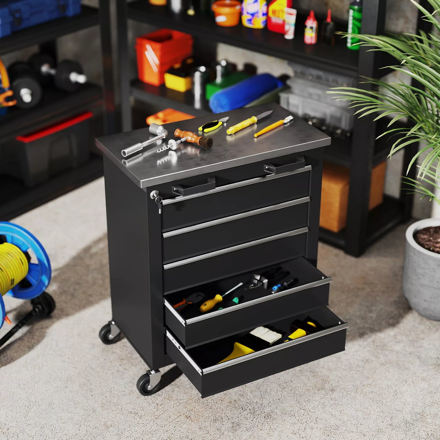 Įrankių vežimėlis su 5 stalčiais, ratinė įrankių dėžė, plieninis įrankių spintelė, sidabro+juoda