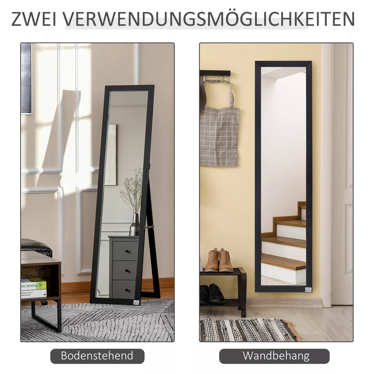 Pastatomas viso kūno veidrodis, sieninis tvirtinimas, MDF rėmas, 37 x 37 x 154 cm, Juodas