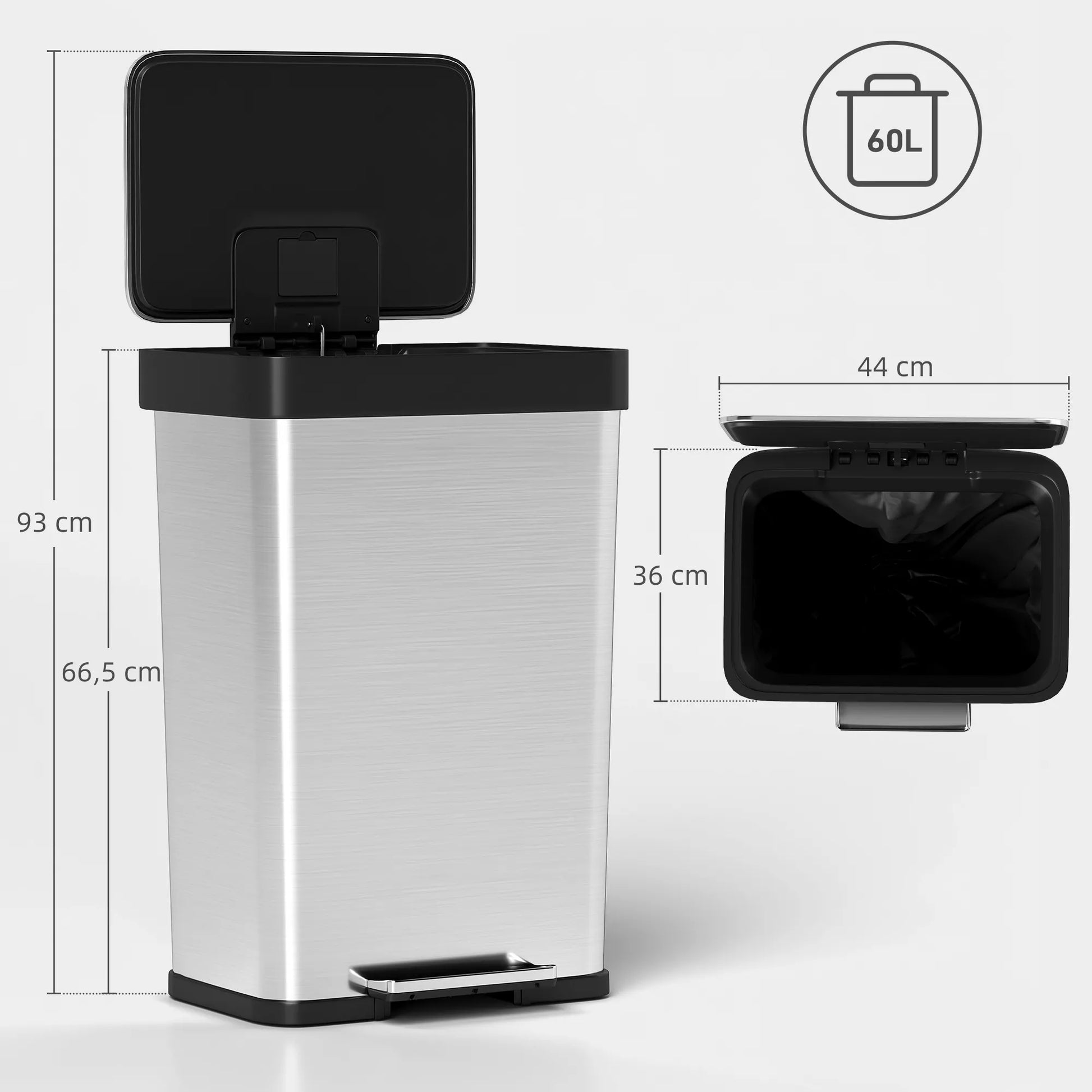 60 l šiukšliadėžė su pėdos pedalu, nerūdijančio plieno šiukšliadėžė su švelniai uždaromu dangčiu, sidabrinės spalvos