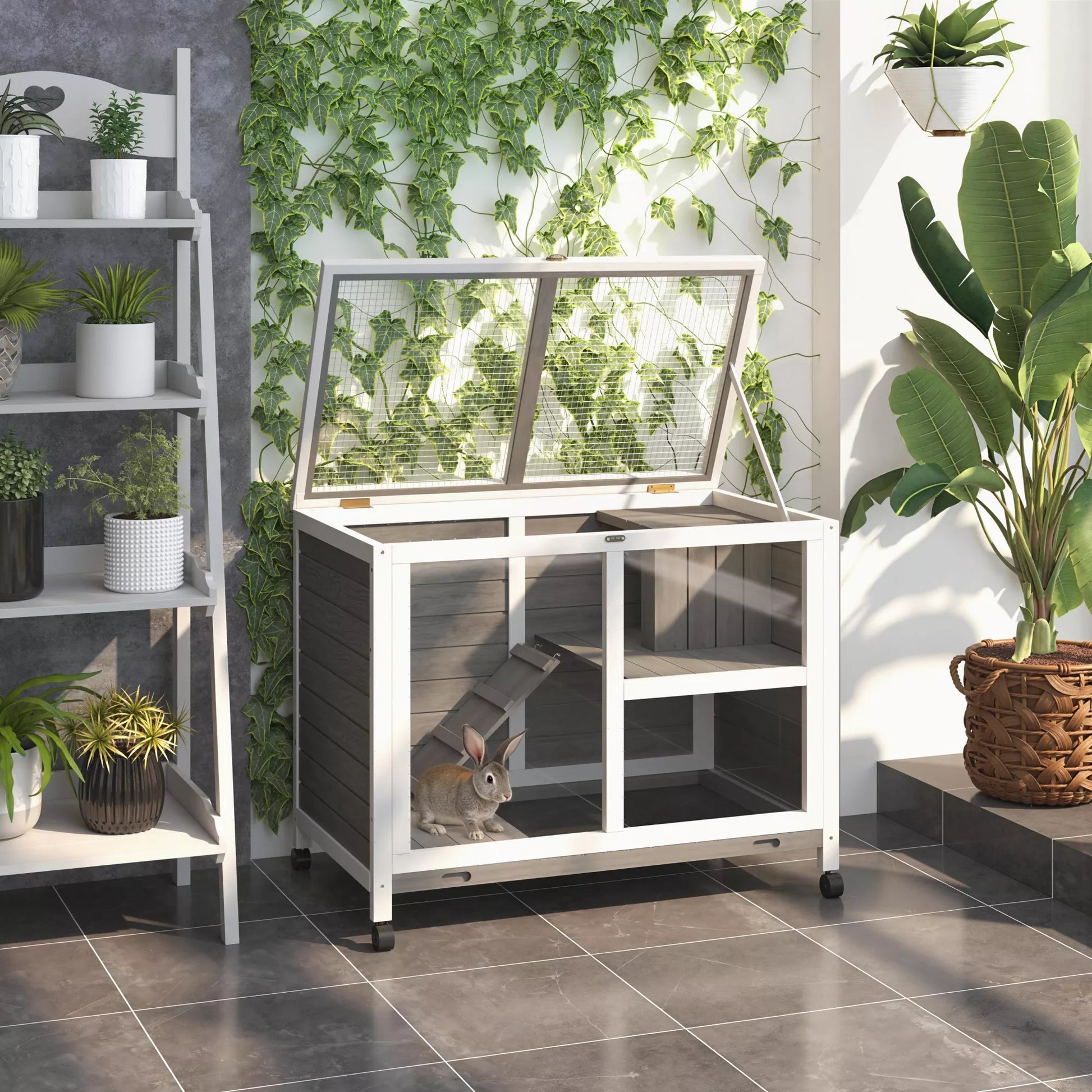 Mažų gyvūnų narvas su 2 lygiais, 4 ratukais, užsandarintas pušies medžio, pilkos spalvos