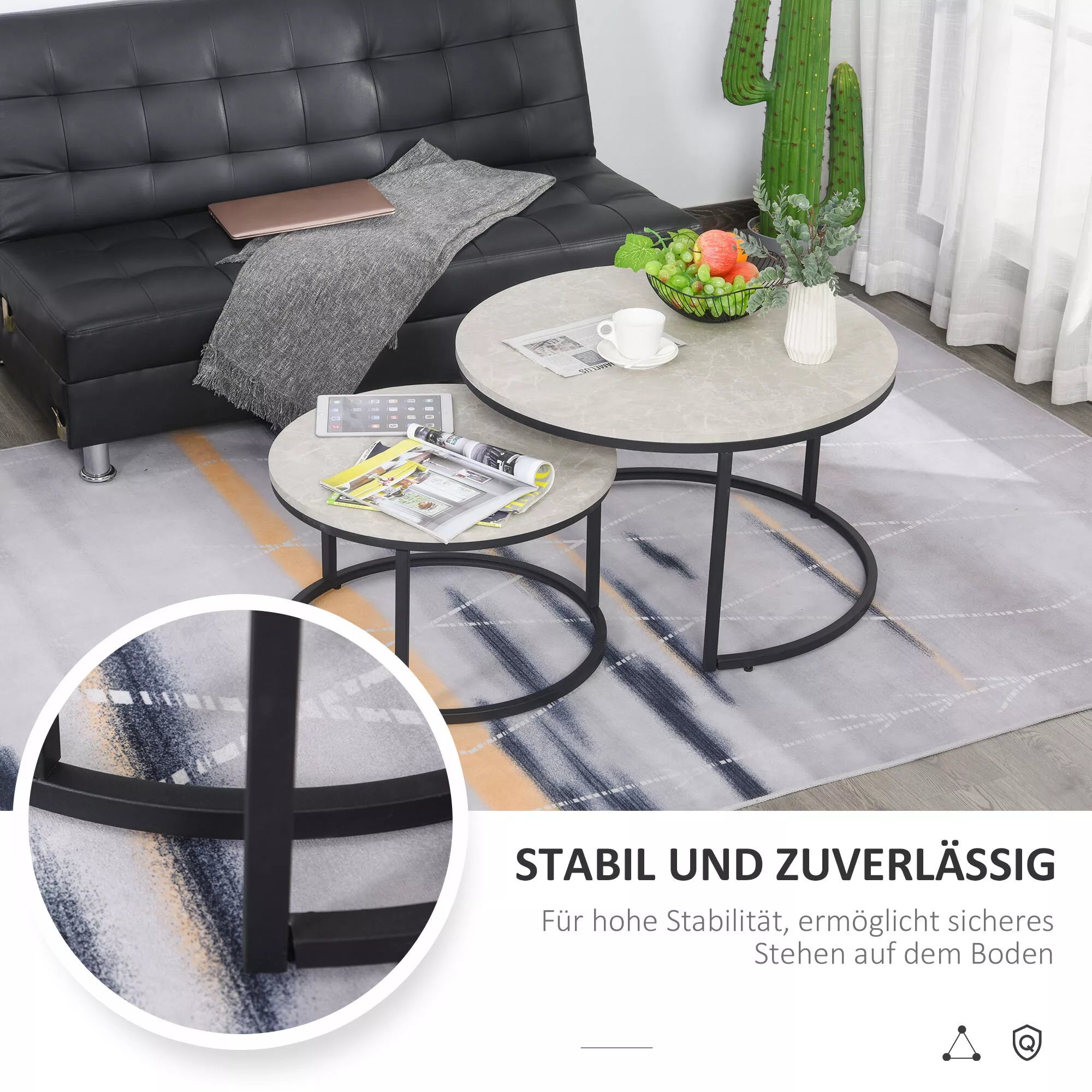 Staliukų rinkinys, 2 apvalūs stalai, pramoninis dizainas, metalinis rėmas, betono išvaizda/juoda spalva