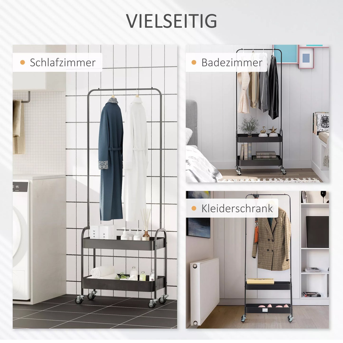 Metalinė drabužių kabykla su batų lentyna, ant ratukų, pastatoma, juoda