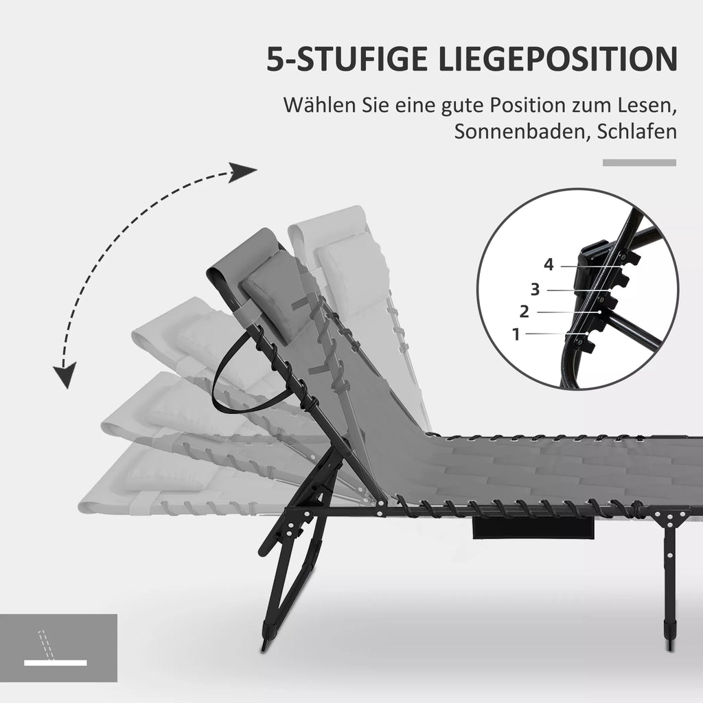 Vokiečių kalba pateikta grafika apie 5 pozicijų reguliuojamą atlošą skaitymui, deginimuisi ir miegojimui.
