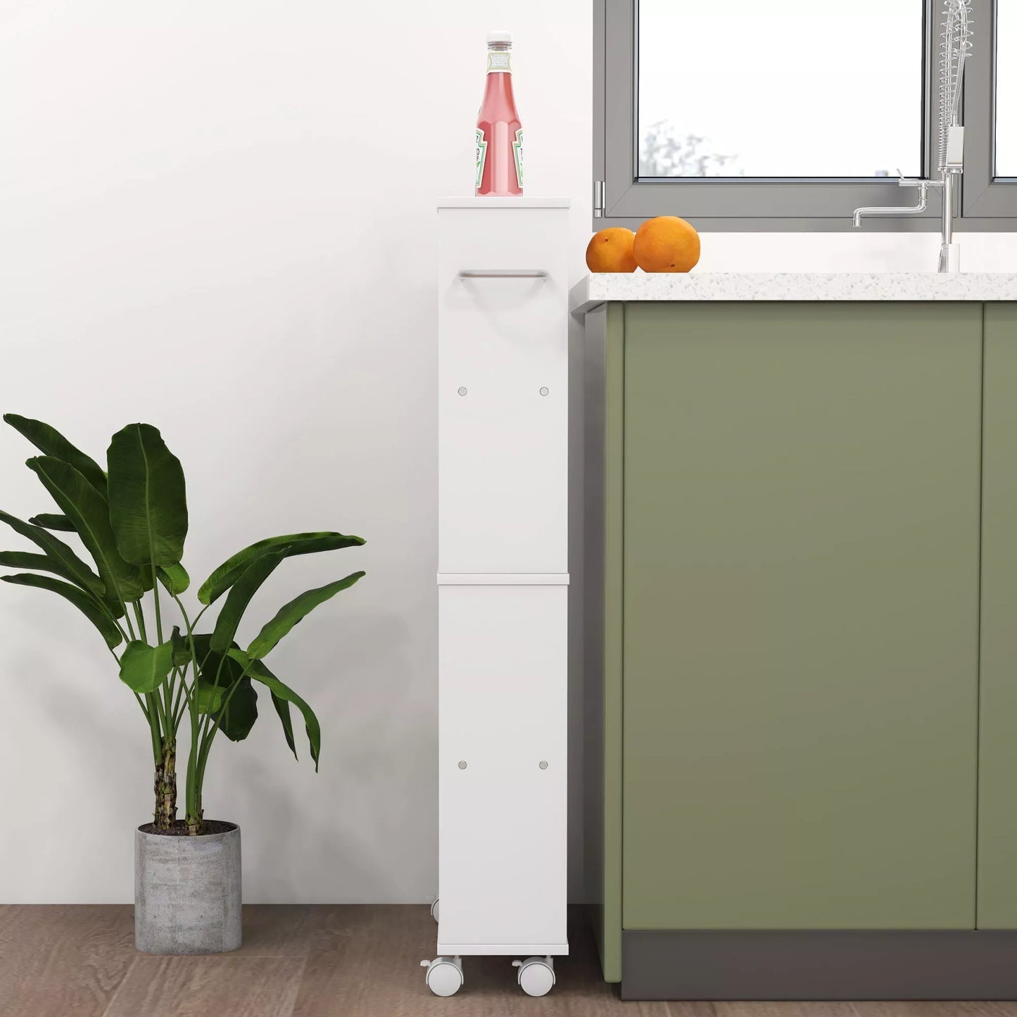 Daugiafunkcinė lentynos su ratukais, siaura konstrukcija, 4 skyriai, 45x15x91 cm, balta