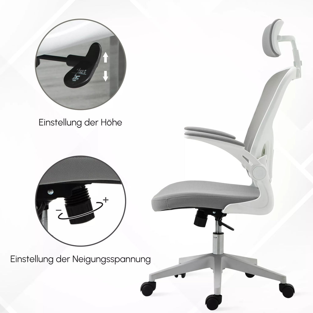 Biuro kėdė ergonomiška su atlošu ir reguliuojamais porankiais, pilka