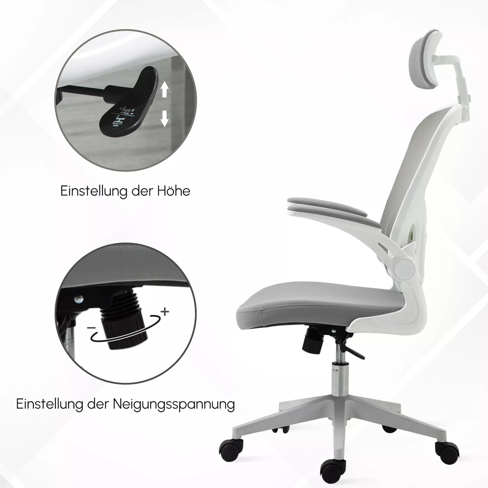 Biuro kėdė ergonomiška su atlošu ir reguliuojamais porankiais, pilka