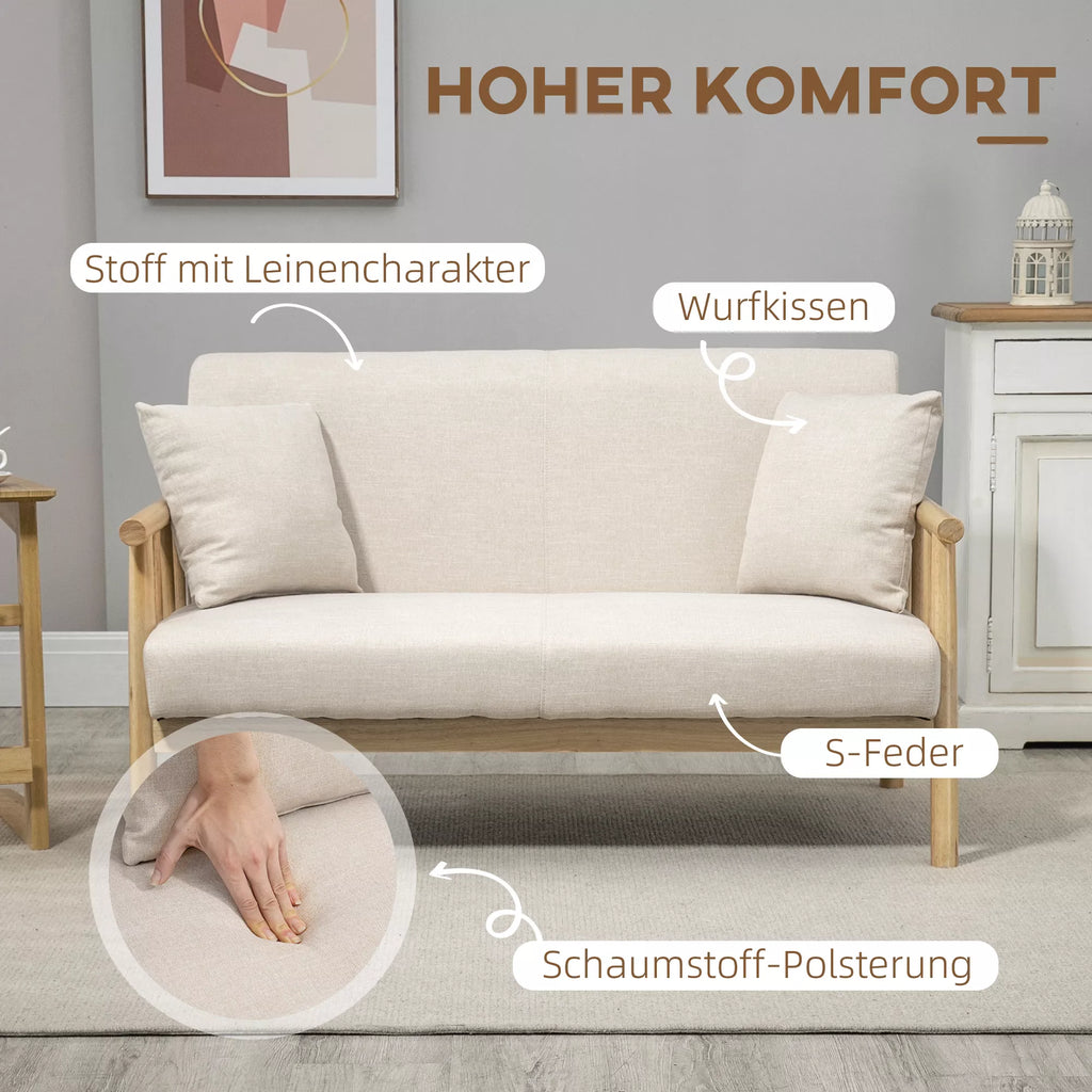 Smėlio dvivietė sofa su apmušalo savybių piktogramomis