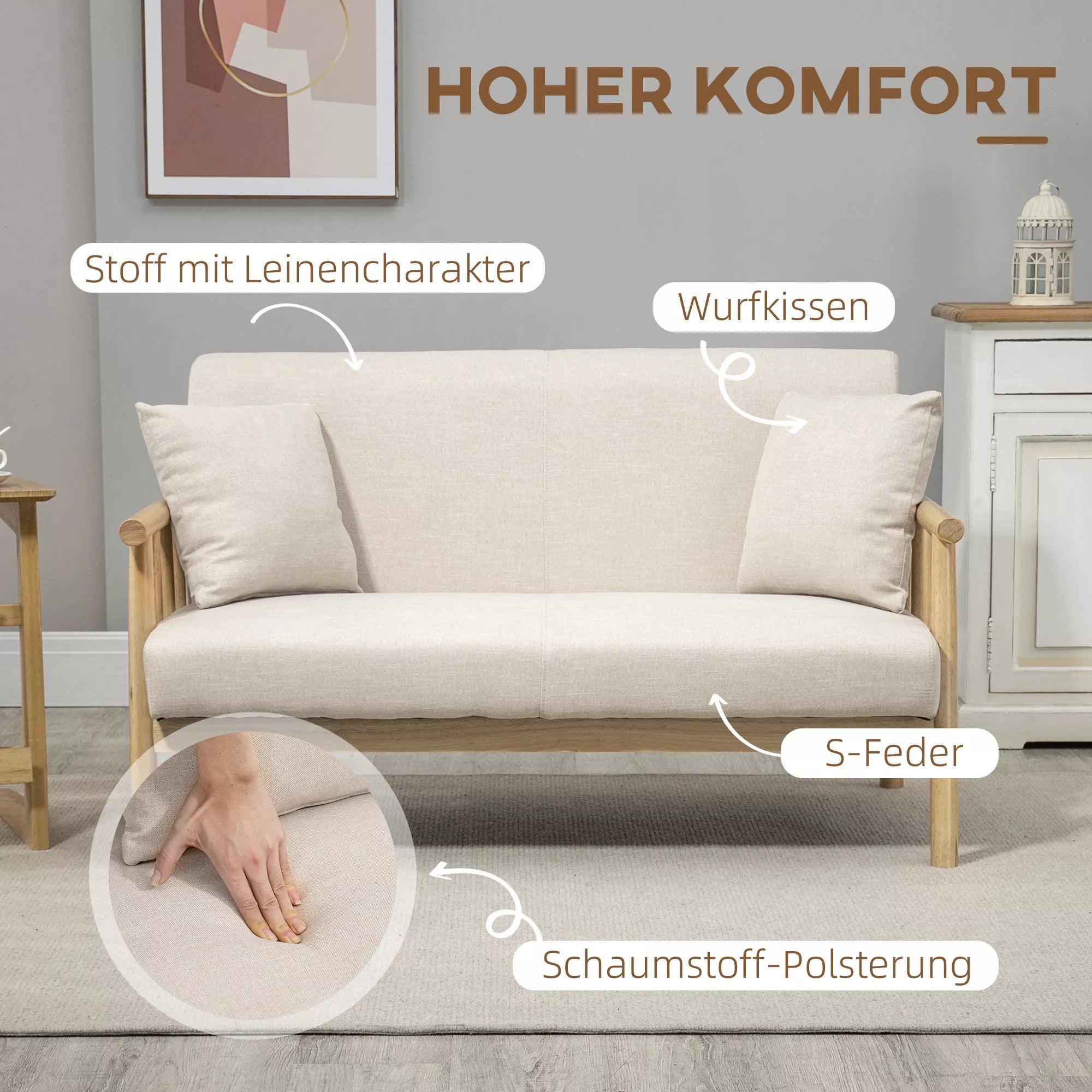 Smėlio dvivietė sofa su apmušalo savybių piktogramomis