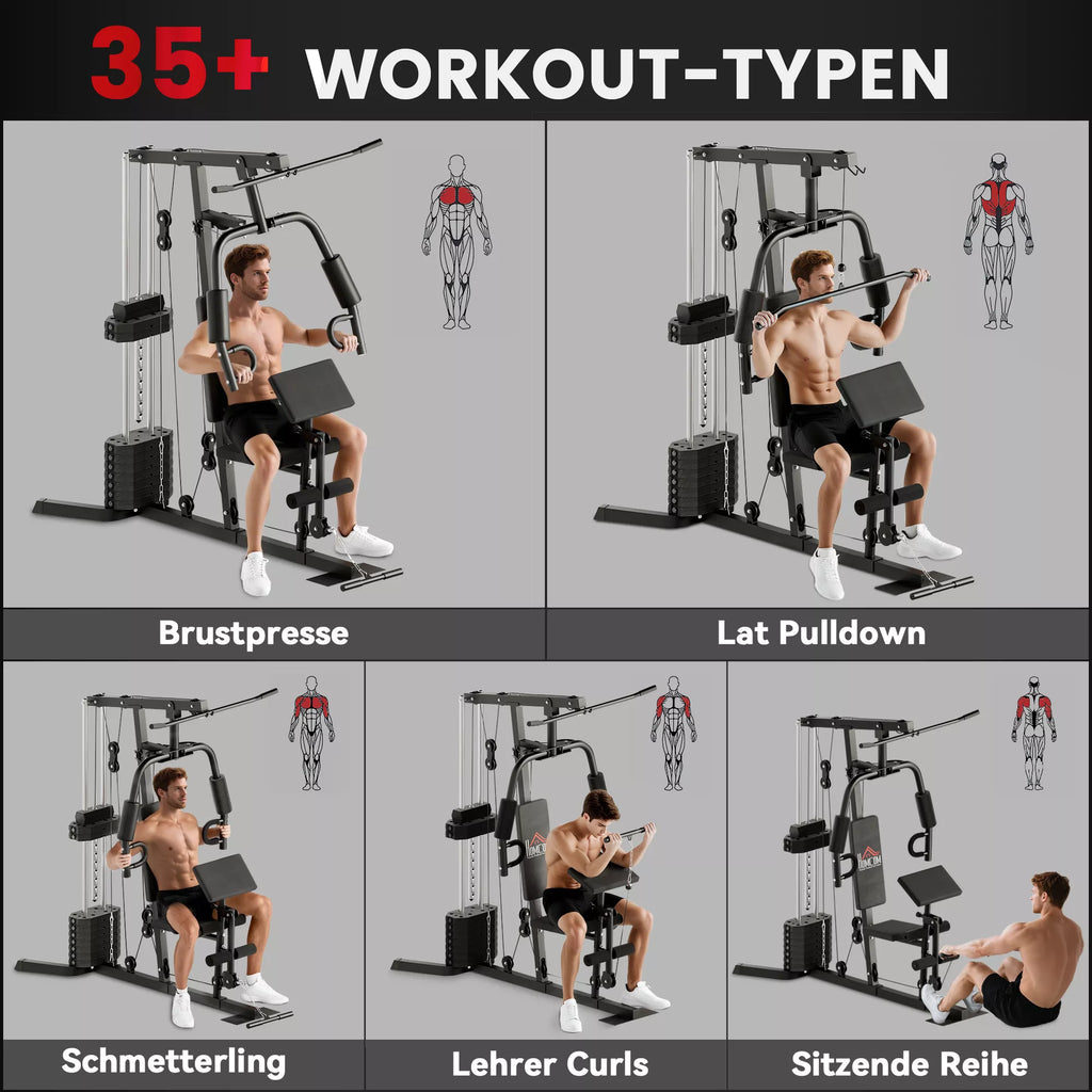 Jėgos treniruoklis su 45 kg svorio bloku, 180 x 108 x 200 cm, plieninis, juodos spalvos