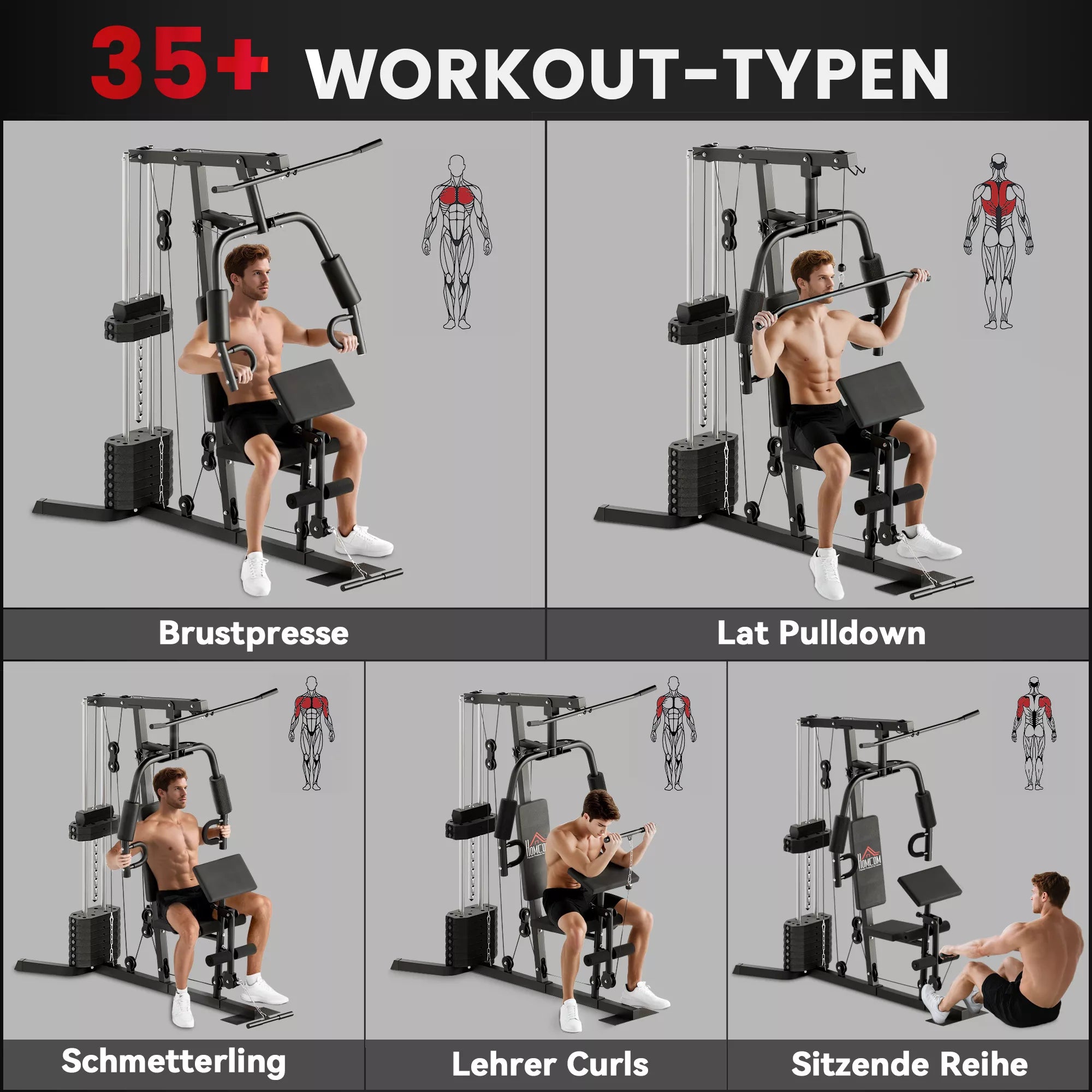 Jėgos treniruoklis su 45 kg svorio bloku, 180 x 108 x 200 cm, plieninis, juodos spalvos