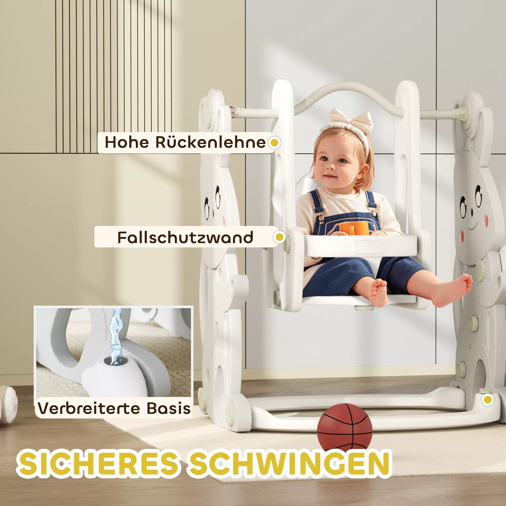 4-in-1 žaidimų rinkinys mažiems vaikams, čiuožykla, sūpynės, laipiojimo konstrukcija, krepšinio lankas, plastikas, triušio dizainas, pilkos spalvos