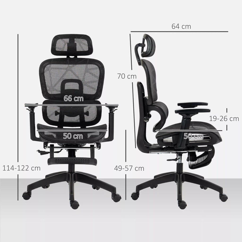 Juodos ergonominės biuro kėdės matmenų schema: aukštis 114–122 cm, plotis 64 cm, sėdynės gylis 50 cm