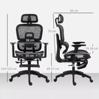 Juodos ergonominės biuro kėdės matmenų schema: aukštis 114–122 cm, plotis 64 cm, sėdynės gylis 50 cm