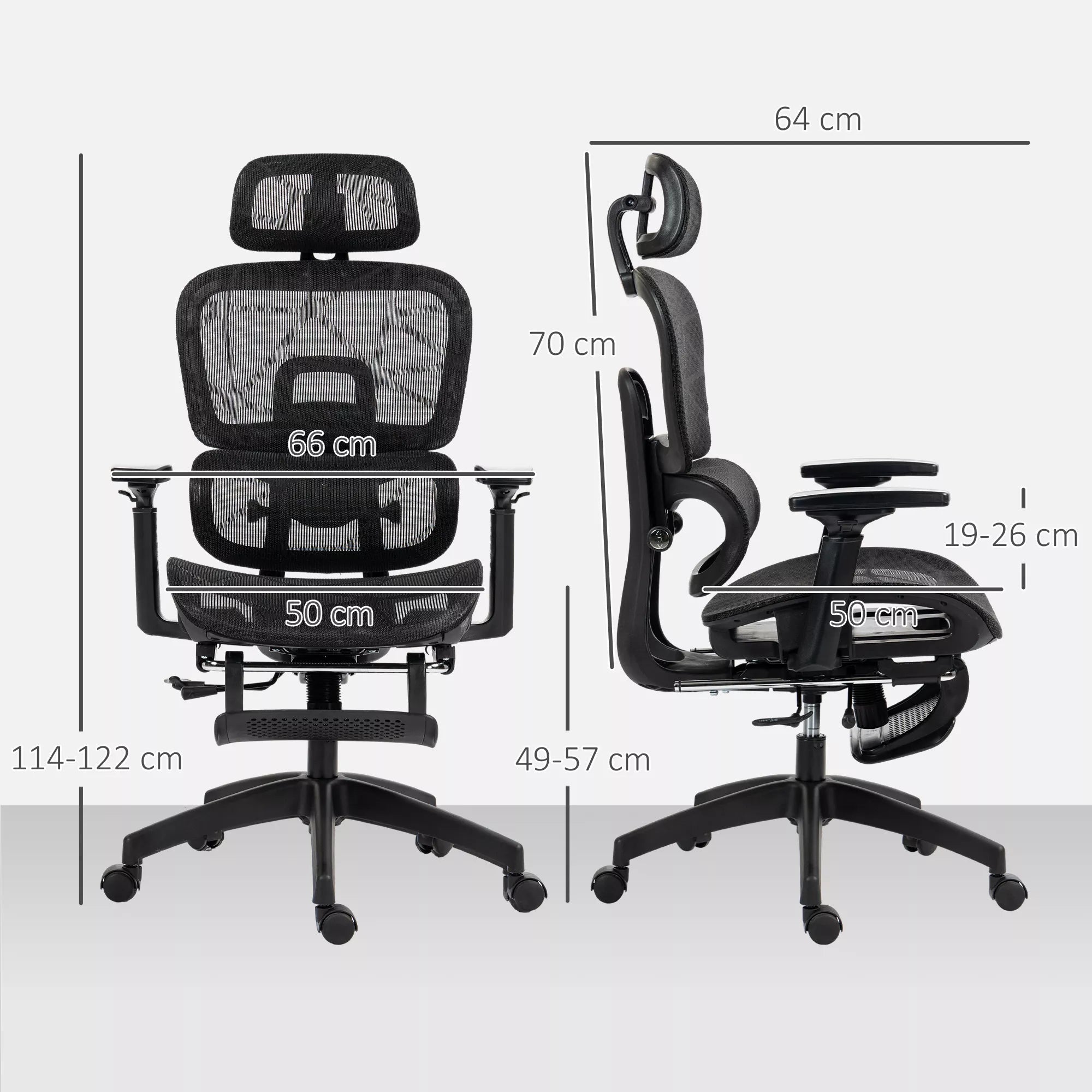 Juodos ergonominės biuro kėdės matmenų schema: aukštis 114–122 cm, plotis 64 cm, sėdynės gylis 50 cm