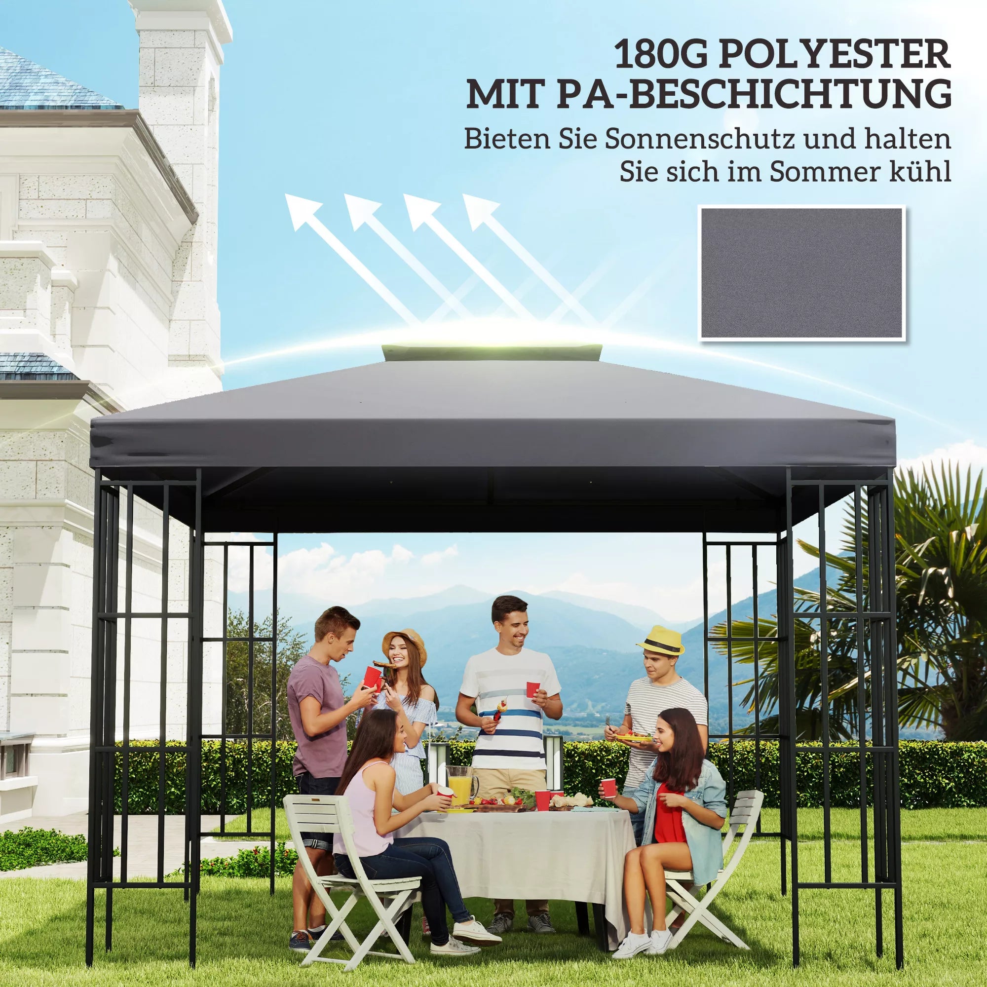 Atsarginis stogas paviljonui 3 x 3 m, vandeniui atsparus paviljono stogas su dvigubu stogu, drenažo angomis, atsarginis apvalkalas Atsarginės dalys sodo paviljonui Sodo palapinė Tamsiai pilka