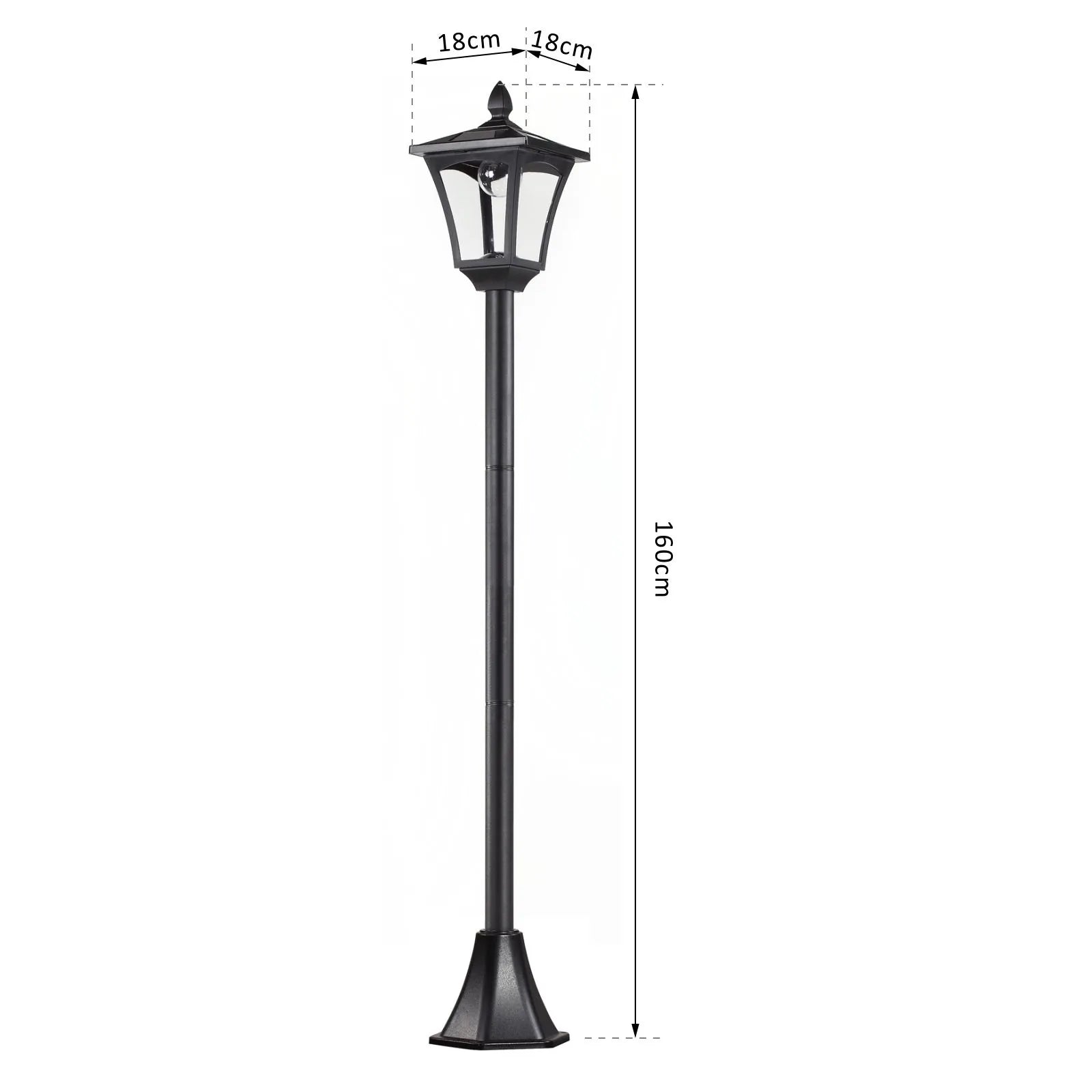 Sodo žibinto matmenų schema: 160 cm aukštis, 14 cm ir 24 cm galva