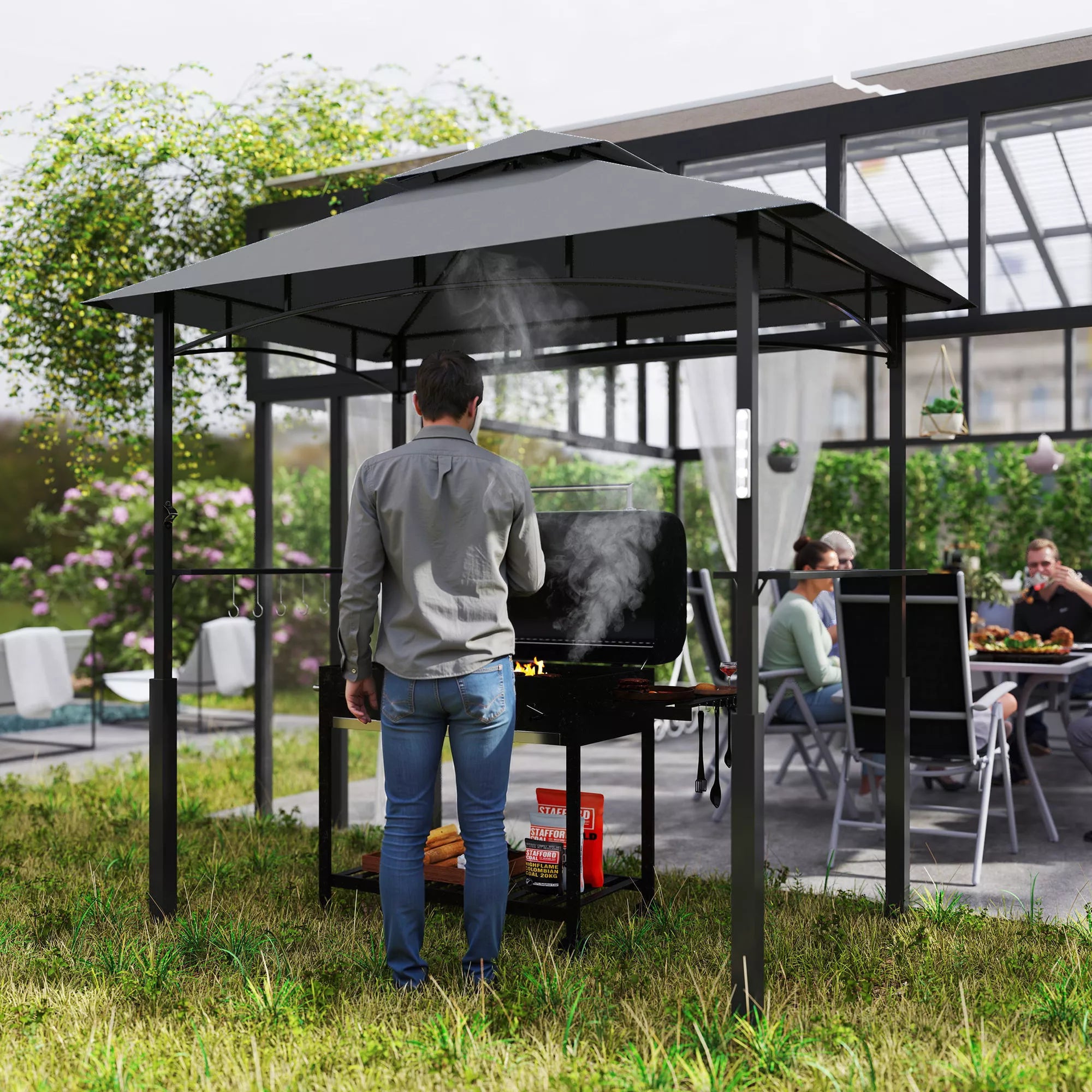 Grill paviljonas, sodo grilio palapinė su prieskonių lentynomis, LED apšvietimas, metalas, plastikas, 243L x 148B x 248H cm, pilkos spalvos