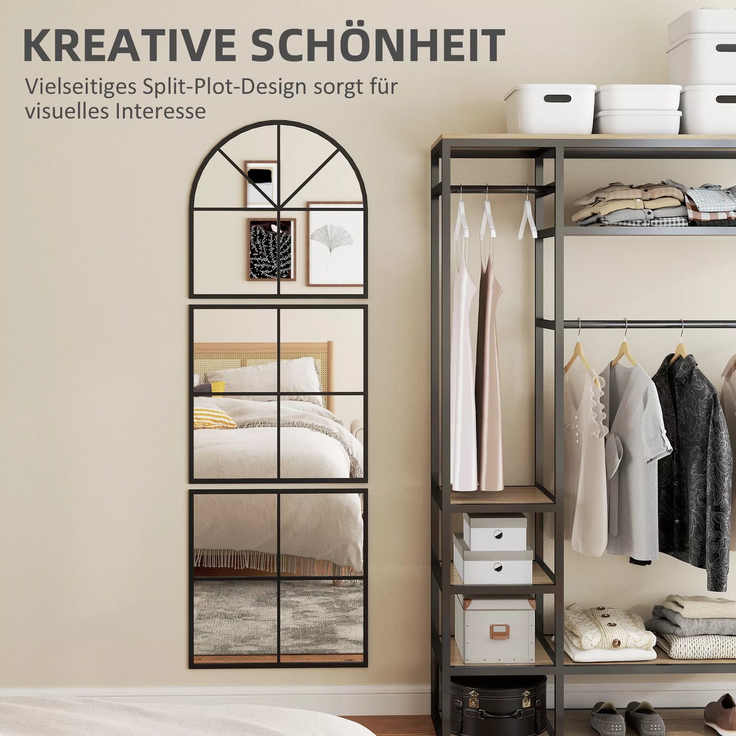 Trivietis sieninis veidrodis, lanko formos veidrodis su metaliniu rėmu, dekoratyvus 60 x 2 x 180 cm Juodas