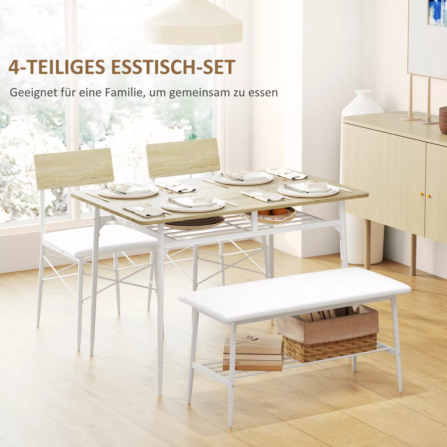 4 dalių valgomojo stalo komplektas su kėdėmis ir suoliuku 4 asmenims, paminkštintos sėdynės, plieninis rėmas, mediena, ąžuolas