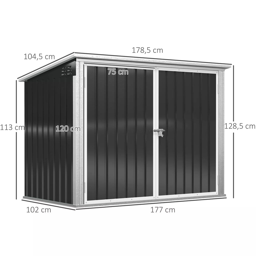 Lauko šiukšliadėžių dėžė Storer, užrakinama įrangos dėžė 2 šiukšliadėžėms, plieninė, 178,5 x 104,5 x 128,5/113 cm, juoda