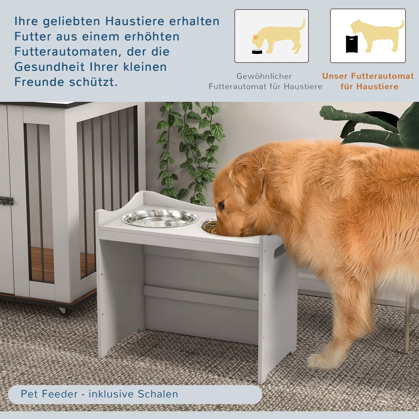 Maisto stotelė šunims, 2 nerūdijančio plieno dubenėliai, reguliuojamo aukščio, 54x31,5x47cm, balta