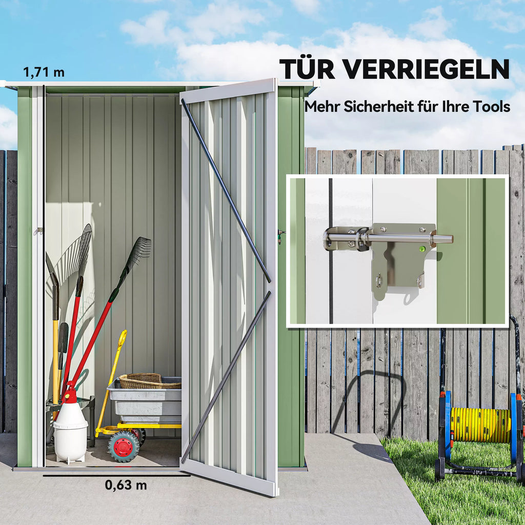 Metalinis įrankių sandėliukas 1,07 m² 142 x 86 x 189 cm Įrankių sandėliukas su vienšlaičiu stogu Užrakinamos durys, atsparus atmosferos poveikiui Sodo namelis Lauko sodo sandėliukas kiemui Lauko erdvė Žalia