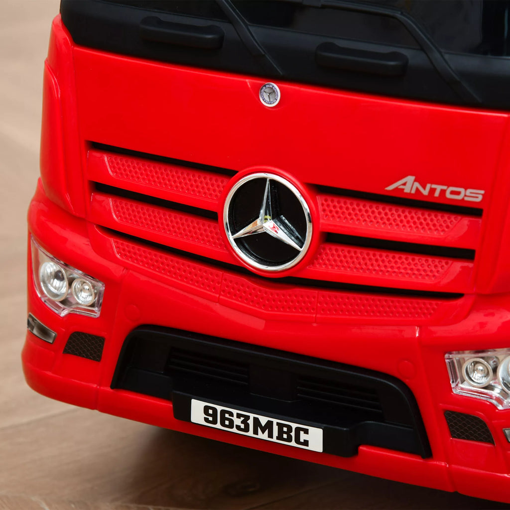 Vaikiška transporto priemonė, automobilis-stūmdukas, "Mercedes ANTOS" stiliaus sunkvežimis su šviesa, vaikams nuo 12 iki 36 mėnesių, metalas/PP plastikas, raudona+juoda, 62,5x28,5x45cm