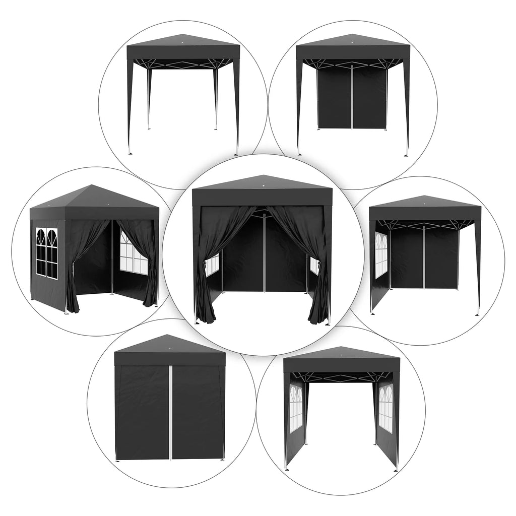 Sulankstomas paviljonas, alaus palapinė, 4 nuimamos šoninės sienos, 2 langai, metalinis rėmas, 2 x 2 m, juodos spalvos