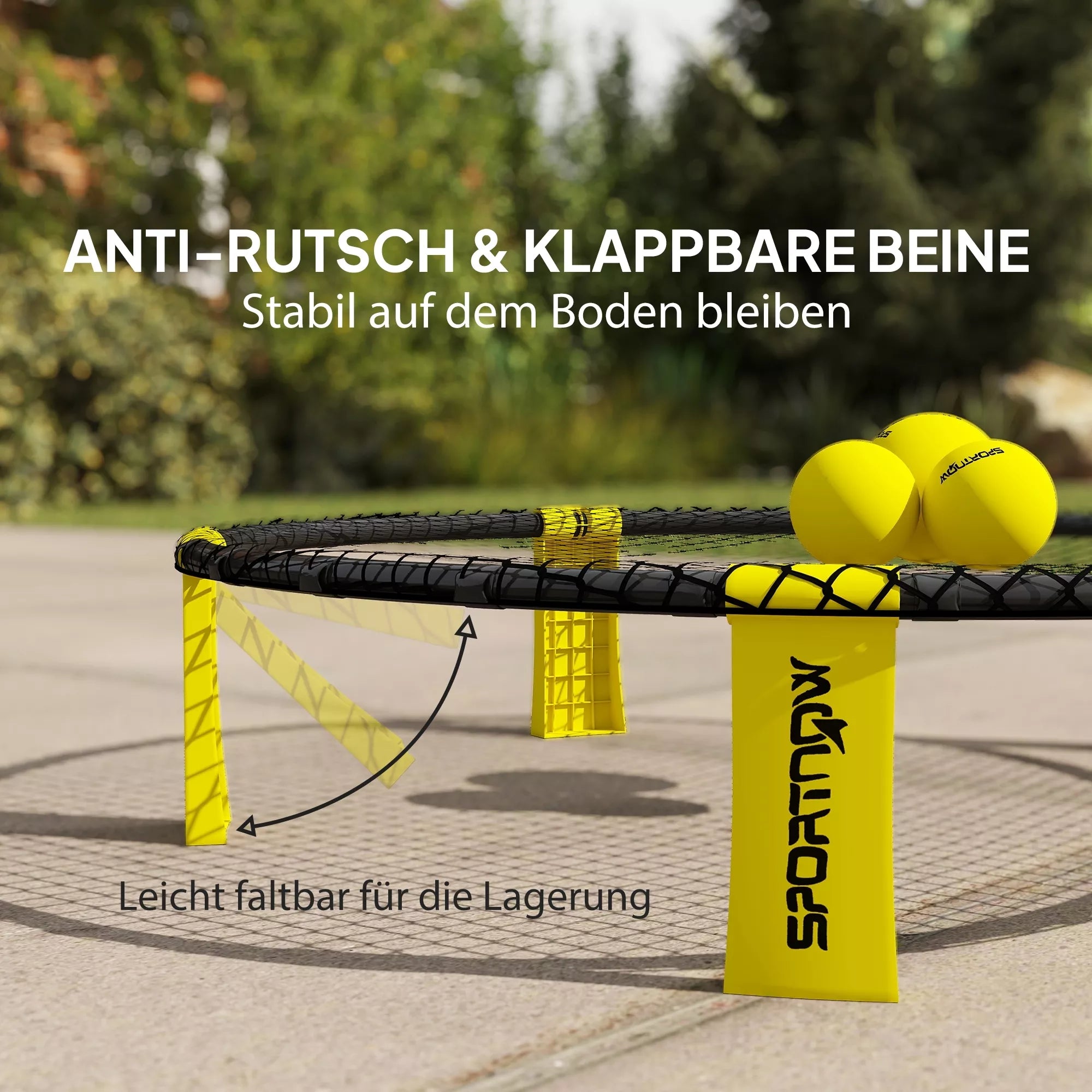 Roundnet komplektas su tinklu ir 3 kamuoliais, 92 cm, geltonas