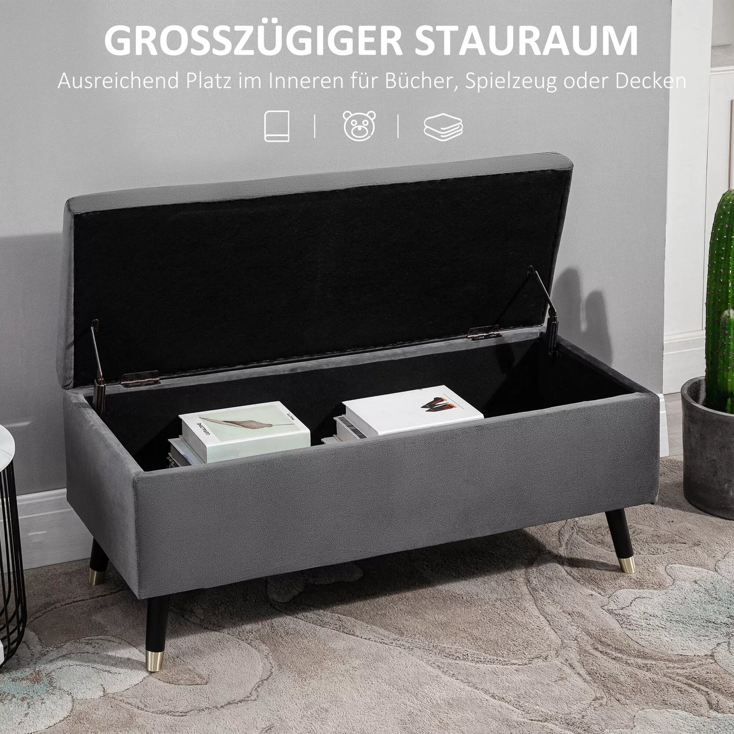 Suolas, minkštas suolas su daiktadėže, dėžė-suolas, metalas, putplastis, kaučiukmedžio mediena, anglies pilka, 110 x 43 x 45 cm