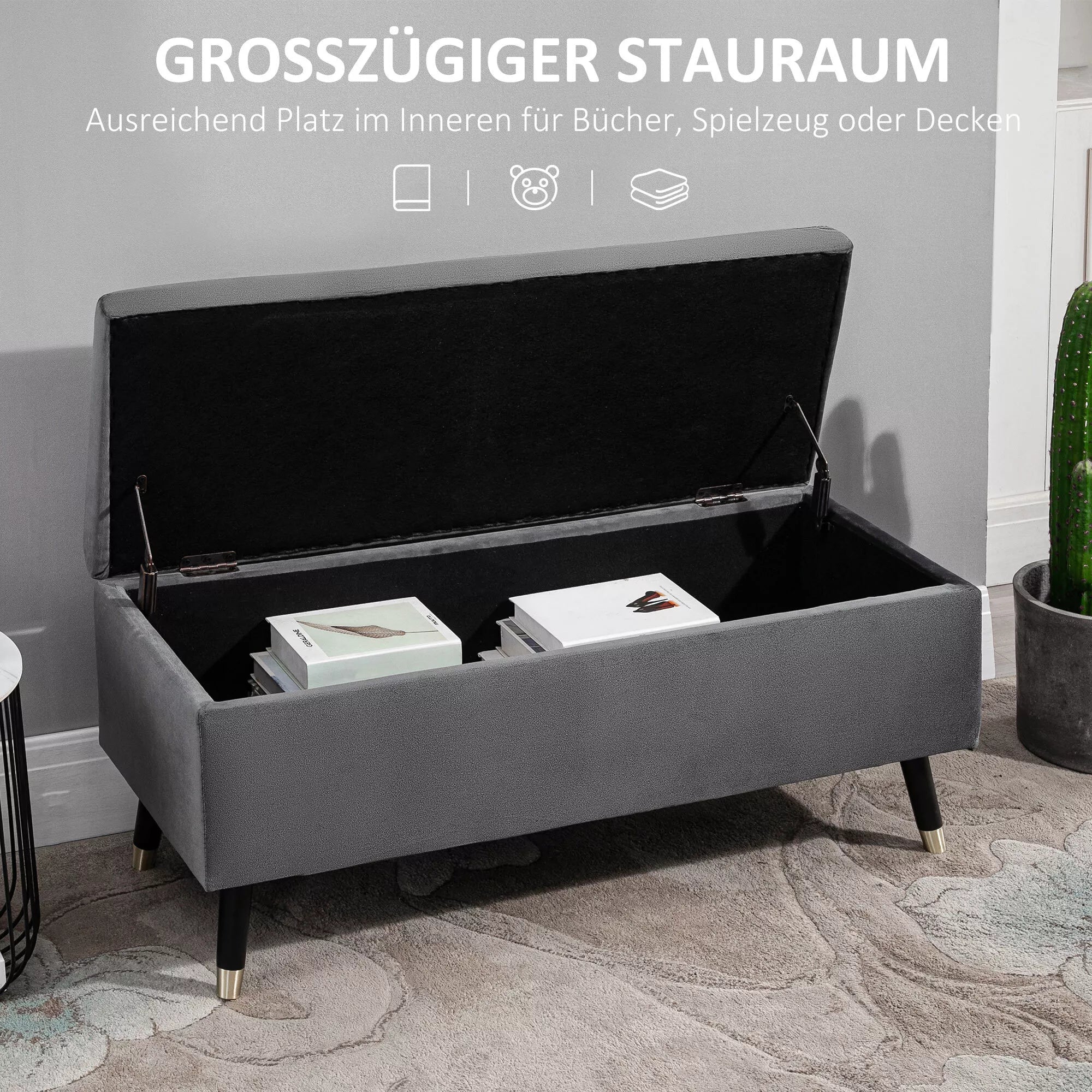 Sėdimoji sofa, minkšta sofa su daiktų laikymo vieta, skrynia-soda, metalas, putplastis, kaučiukmedis, anglies pilka, 110 x 43 x 45 cm