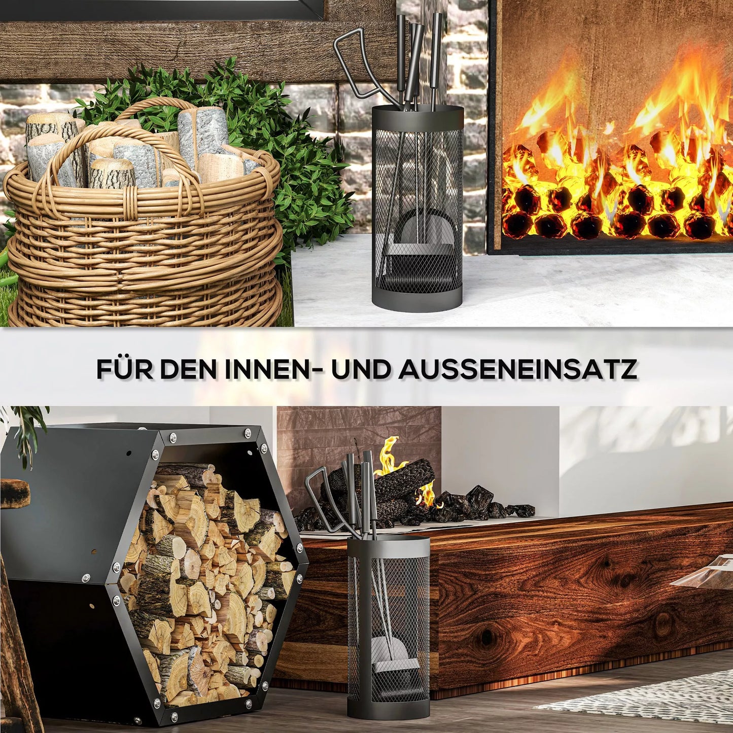 5 dalių židinio įrankių komplektas: šluota, kastuvas, žnyplės, pakūros pagaliukas ir krepšys, pagamintas iš ugniai atsparaus juodo metalo