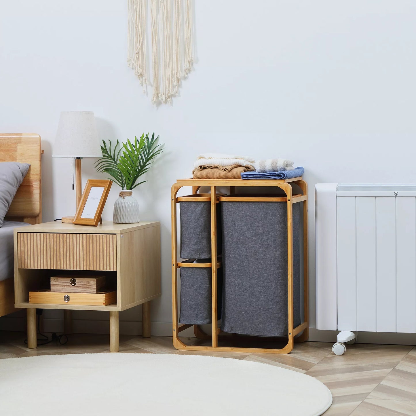 Skalbinių krepšys iš bambuko, 3 nuimami krepšiai 50 cm x 32 cm x 69,7 cm, natūralios pilkos spalvos