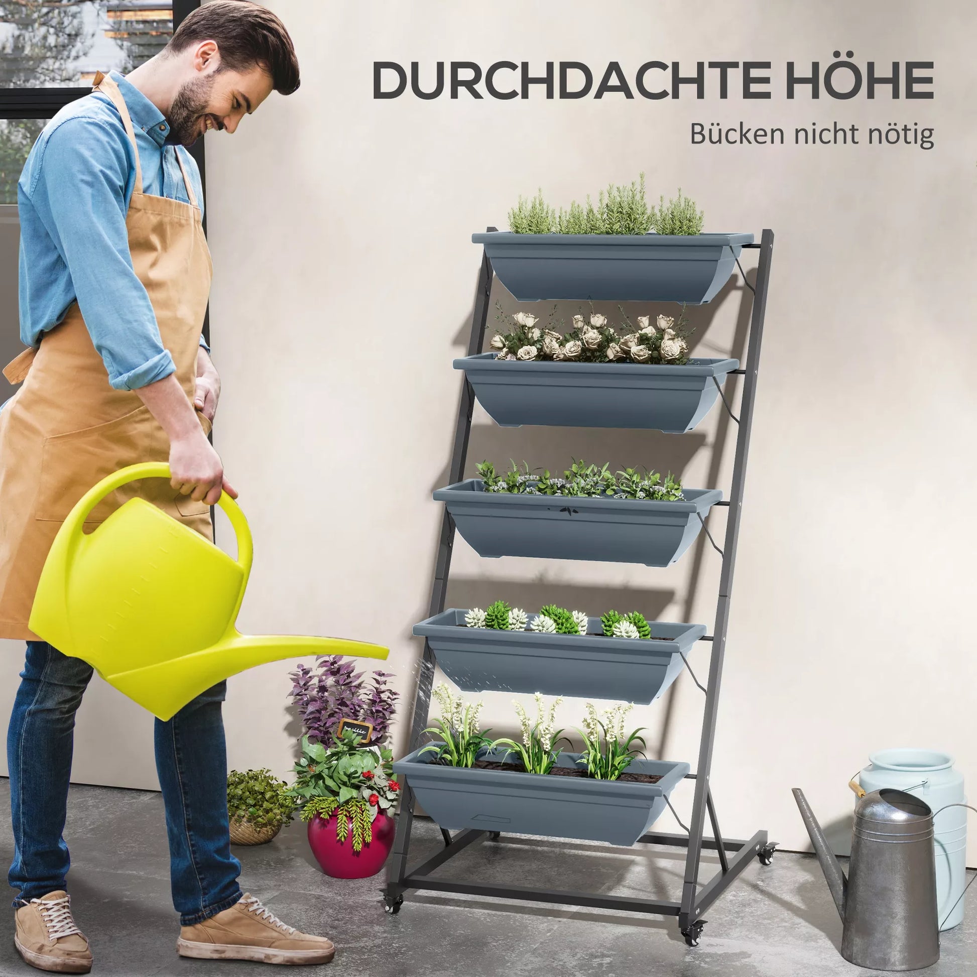 Augalų laiptai Gėlių laiptai Augalų lentynos, sukraunamos, atsparios atmosferos poveikiui, 65 x 67 x 145 cm, pilkos + juodos spalvos