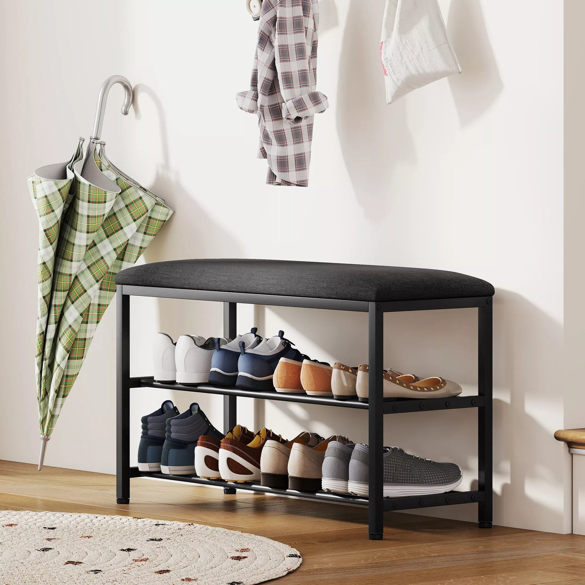 Batų spintelė su sėdimoji vieta, suoliukas su daiktų laikymo vieta, batų lentynos su 2 atviromis lentynomis, suoliukas 81 x 31 x 50 cm Juoda