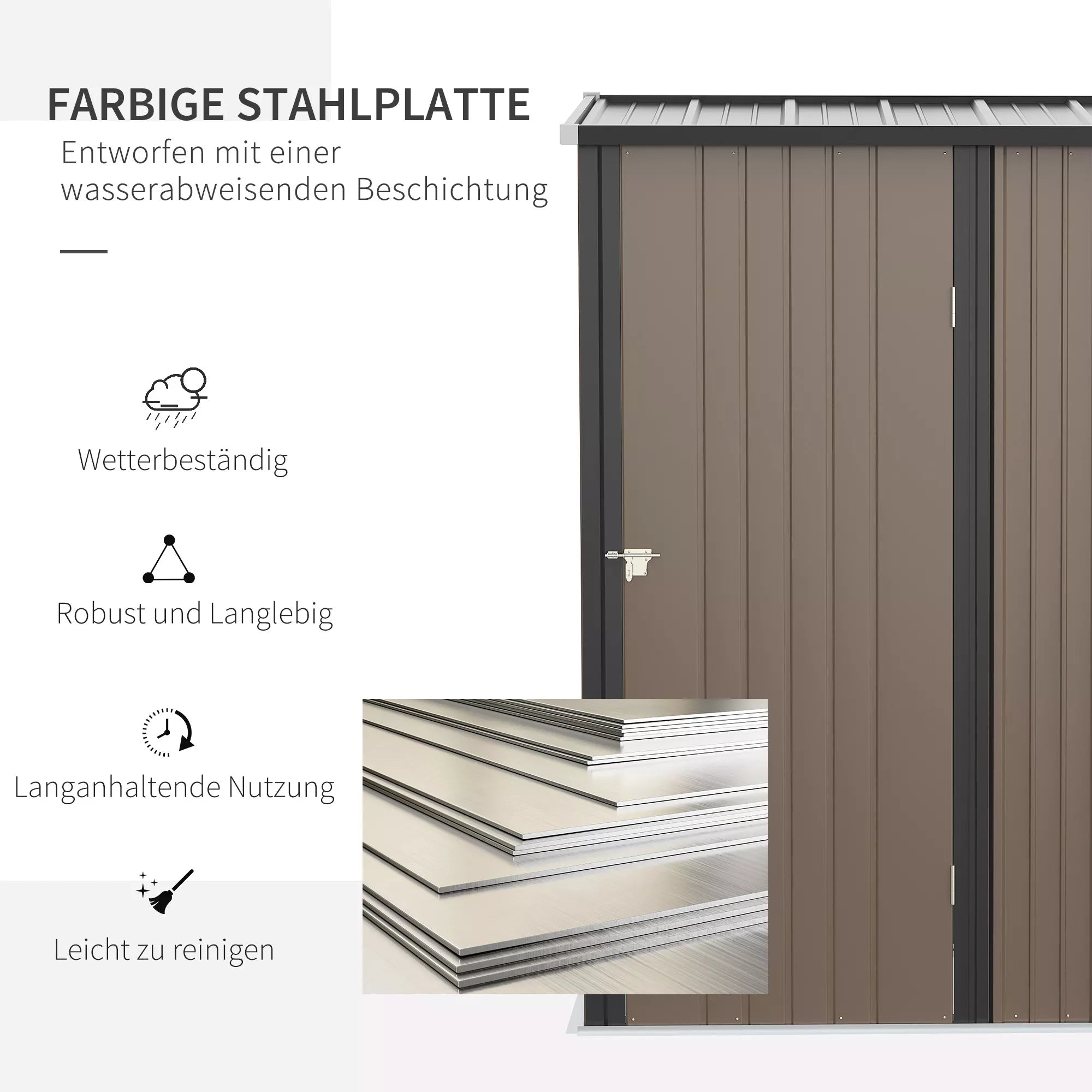 Įrankių namelis 1,34 m² Įrankių spintelė su uždaromu stogu Sodo namelis Įrankių namelis iš cinkuoto plieno 161,5 x 94,5 x 196 cm Ruda