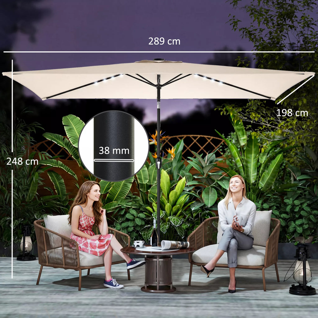 Saulės skėtis LED Solar, apie 300 x 200 cm, sulankstomas balkono skėtis su rankena, apsauginis apvalkalas, UV apsauga, pasukamas, kreminės baltos spalvos