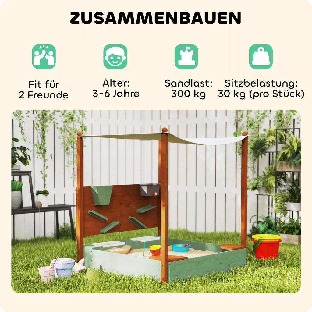 Smėlio dėžė su saulės stogu vaikams, 2 laikymo dėžės, 116L x 112,5B x 128H cm, pušies mediena, plastikas, žalia