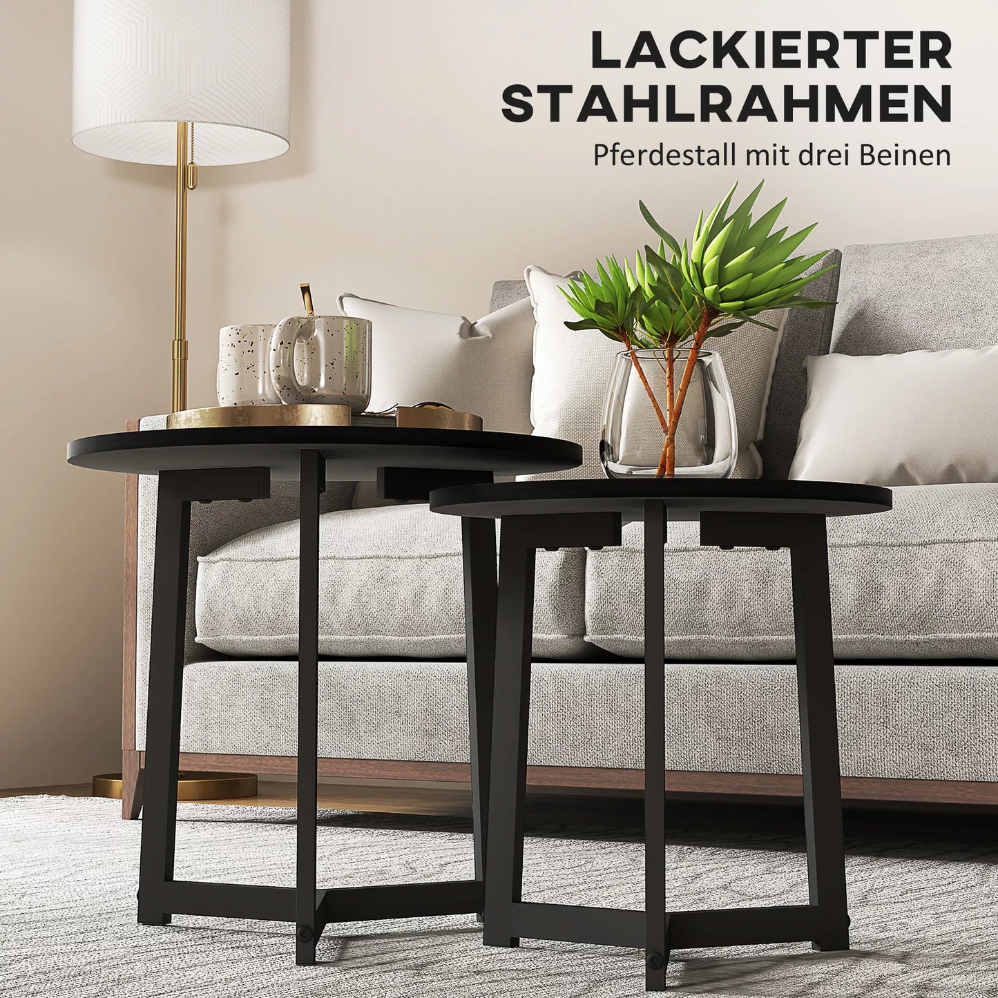 Modernus 2 vnt. komplekto kavos staliukas, metalinis rėmas, MDF, apvalus dizainas, vienas į kitą įstatomas, juodas