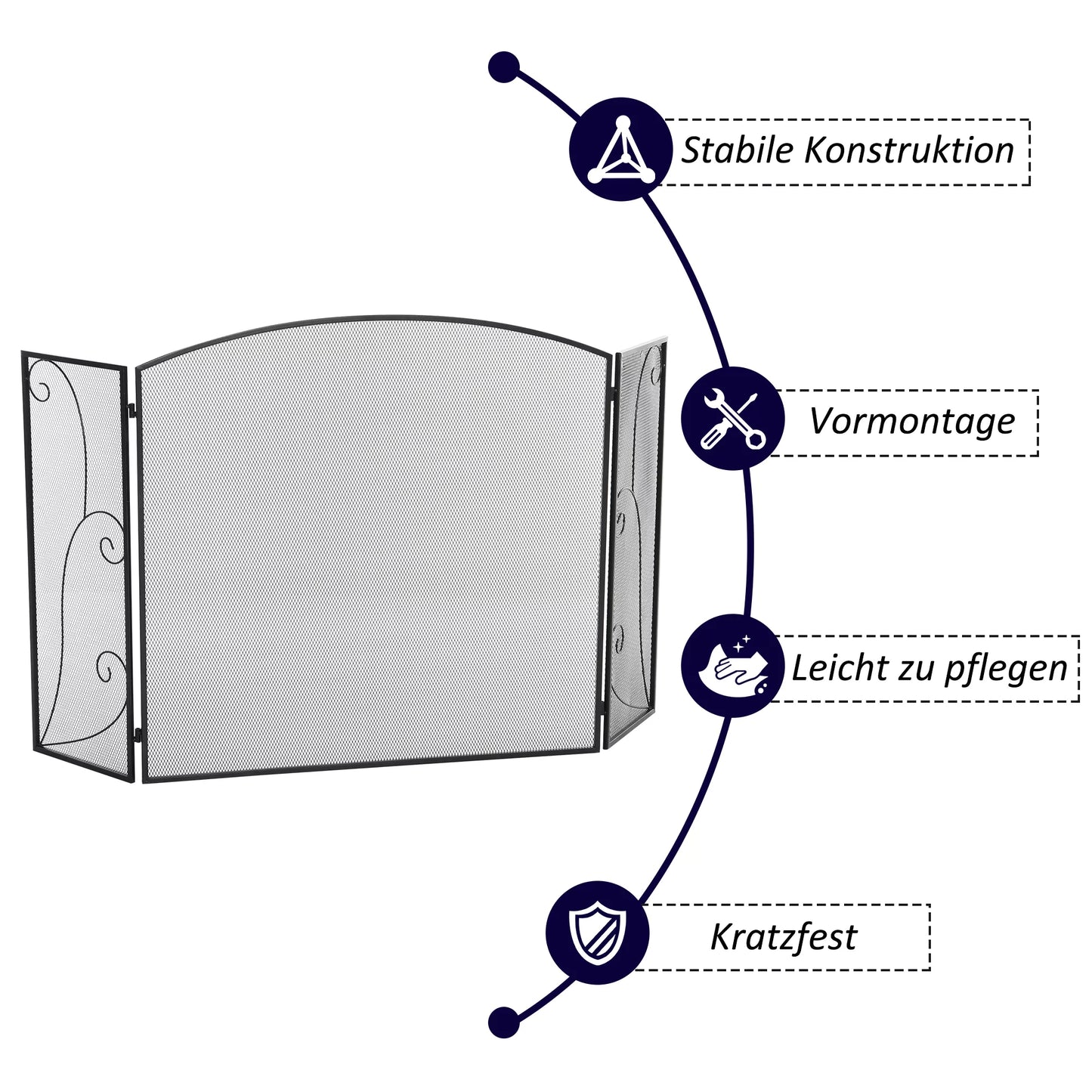 Apsauga nuo žarių židiniams, 3 skydeliai, sulankstoma, lanksti, metalinė, juoda, 132,5 x 76,5 cm