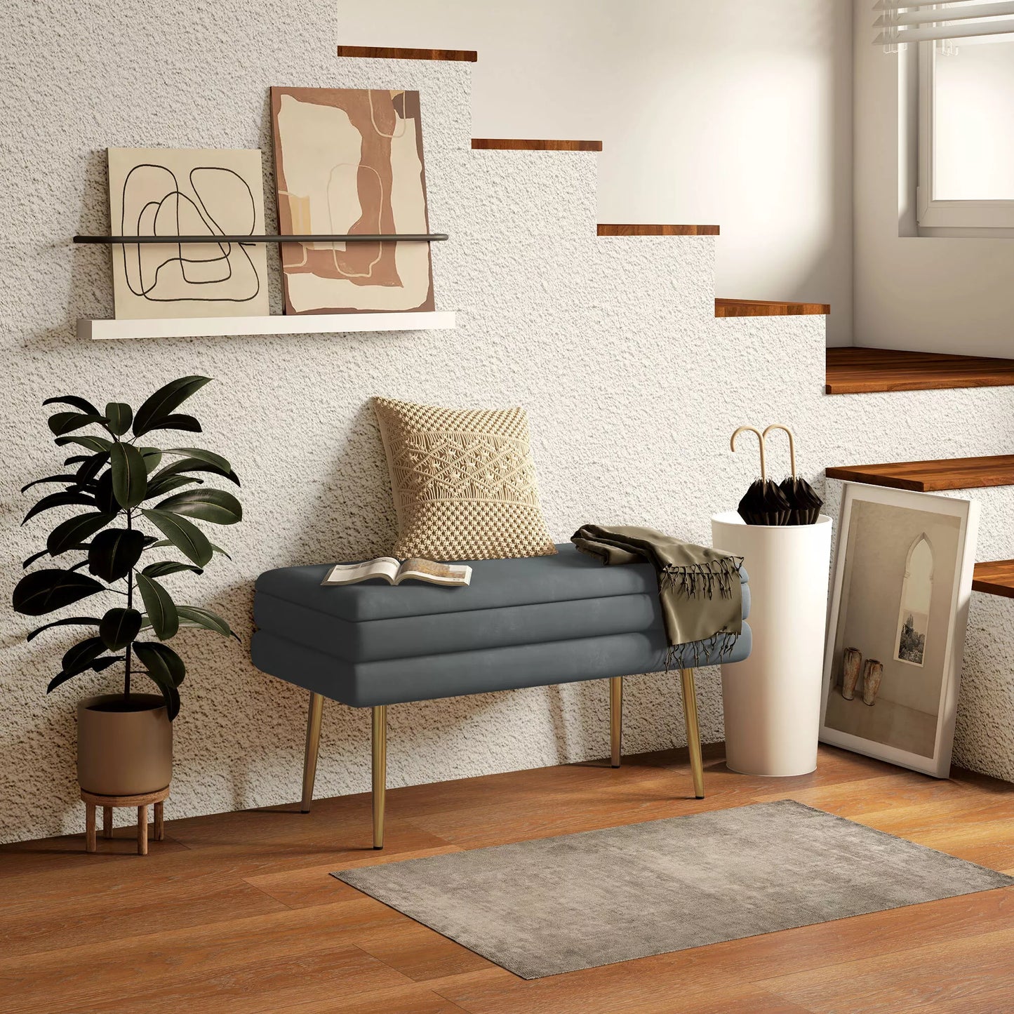 Suoliukas su atramine dalimi, su daiktadūže, plieninis, 79,5 cm x 37,5 cm x 43 cm, tamsiai pilkos spalvos